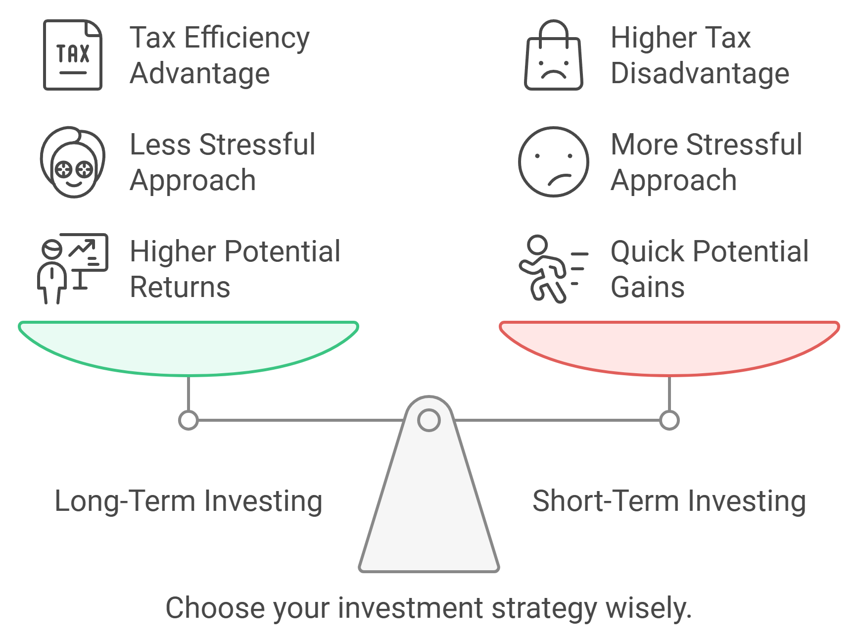 A scale showing the pros and cons of long terms and short term investing.