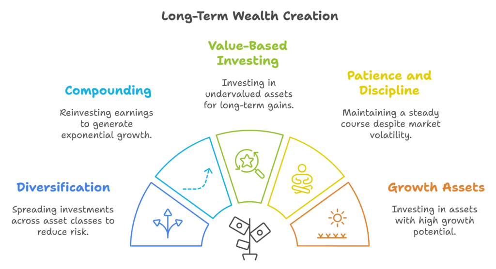 An illustration depicting 5 long term wealth creation strategies