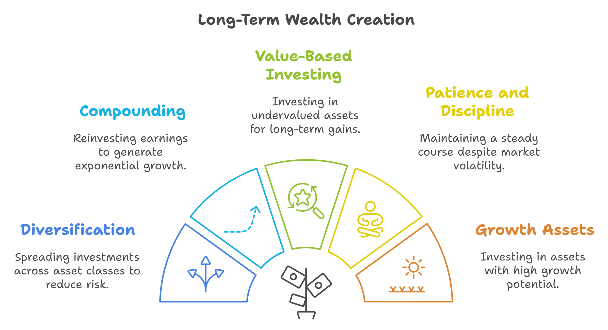 An illustration depicting 5 long term wealth creation strategies